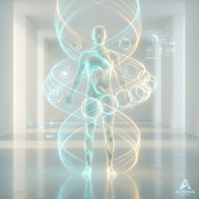 Human silhouette observing floating geometric light waves