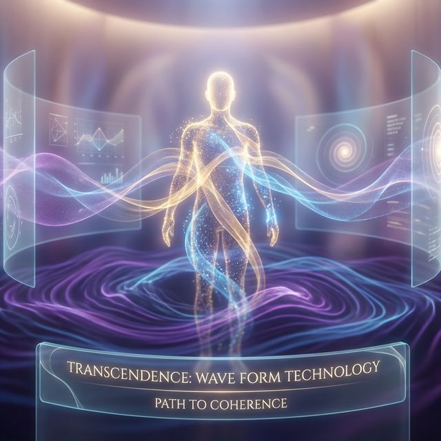 Human figure emerging from flowing light waves